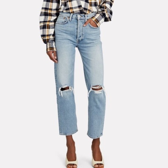 Redone 70s Stovepipe Destroyed Straight Crop Jeans 28 Ripped Distress - Picture 1 of 9